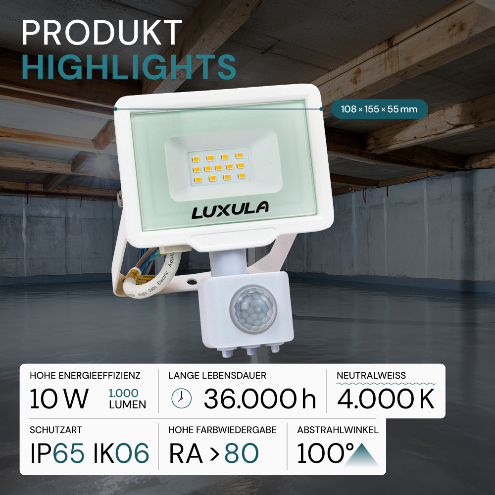 LED-Fluter mit Bewegungsmelder, 10 W, 4000 K (neutralweiß), 1000 lm, weiß, IP65.
