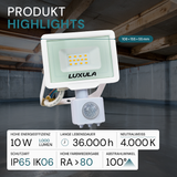 LED-Fluter mit Bewegungsmelder, 10 W, 4000 K (neutralweiß), 1000 lm, weiß, IP65.