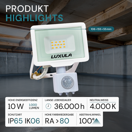 LED-Fluter mit Bewegungsmelder, 10 W, 4000 K (neutralweiß), 1000 lm, weiß, IP65.