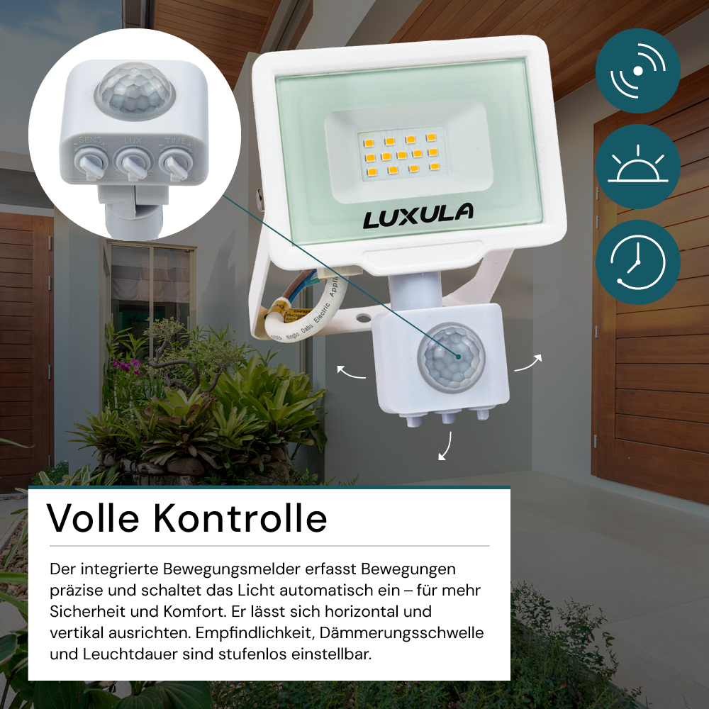 2er Pack LED-Fluter mit Bewegungsmelder, 10 W, 4000 K (neutralweiß), 1000 lm, weiß, IP65.