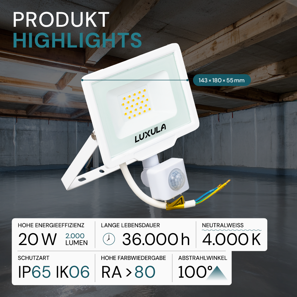 2er Pack LED-Fluter mit Bewegungsmelder, 20 W, 4000 K (neutralweiß), 2000 lm, weiß, IP65.