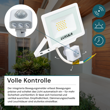 2er Pack LED-Fluter mit Bewegungsmelder, 20 W, 4000 K (neutralweiß), 2000 lm, weiß, IP65.