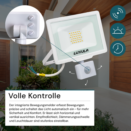 LED-Fluter mit Bewegungsmelder, 30 W, 4000 K (neutralweiß), 3000 lm, weiß, IP65.