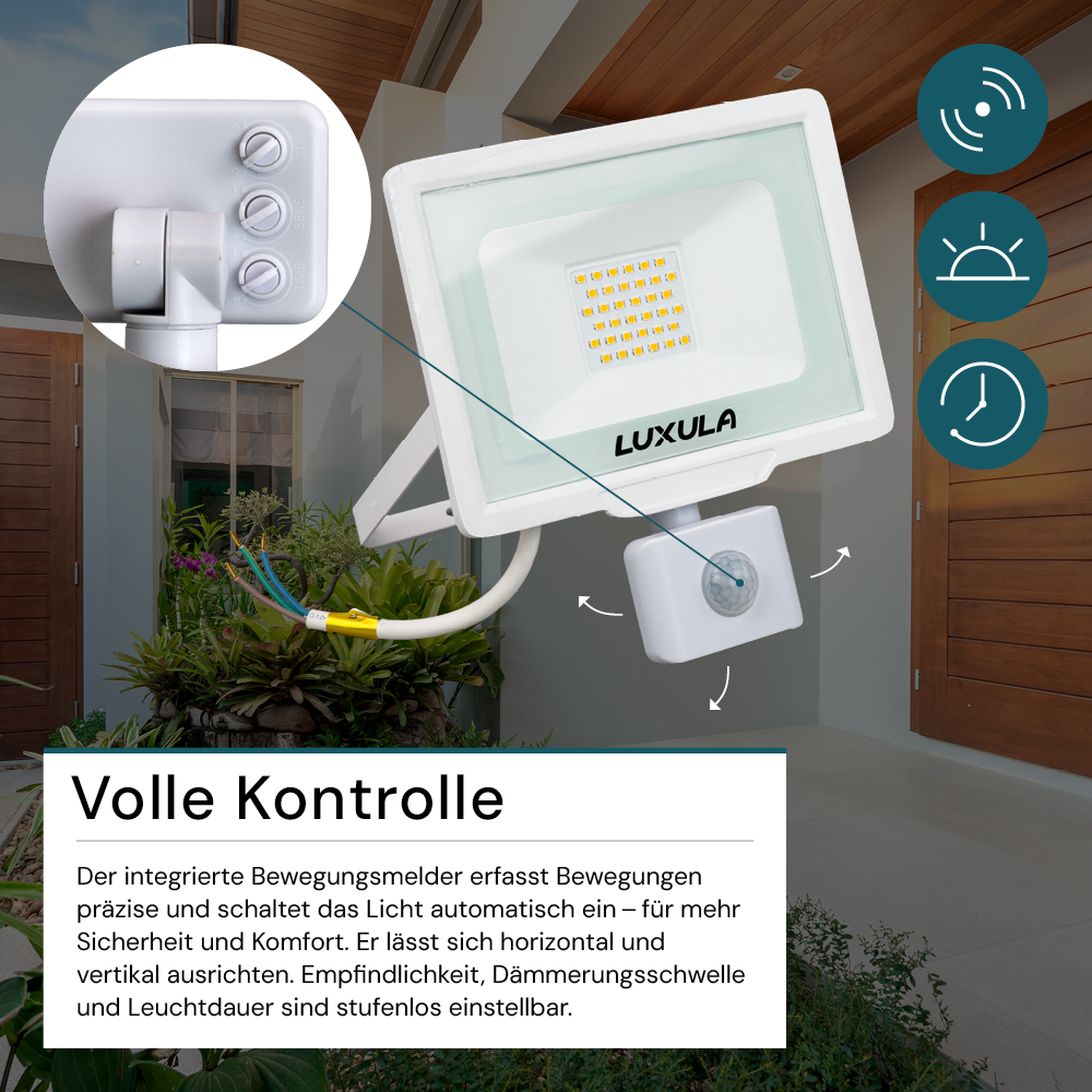 2er Pack LED-Fluter mit Bewegungsmelder, 30 W, 4000 K (neutralweiß), 3000 lm, weiß, IP65.
