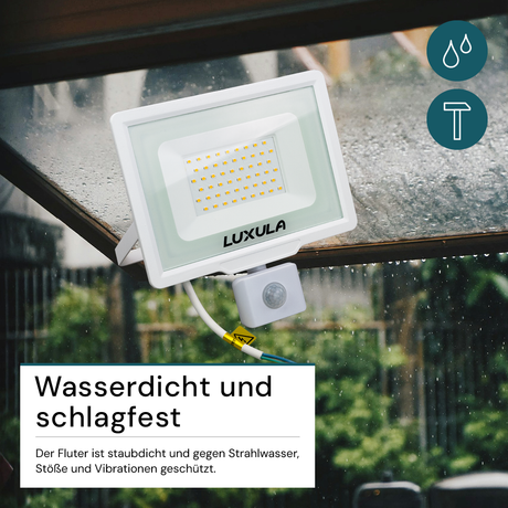 LED-Fluter mit Bewegungsmelder, 50 W, 4000 K (neutralweiß), 5000 lm, weiß, IP65.
