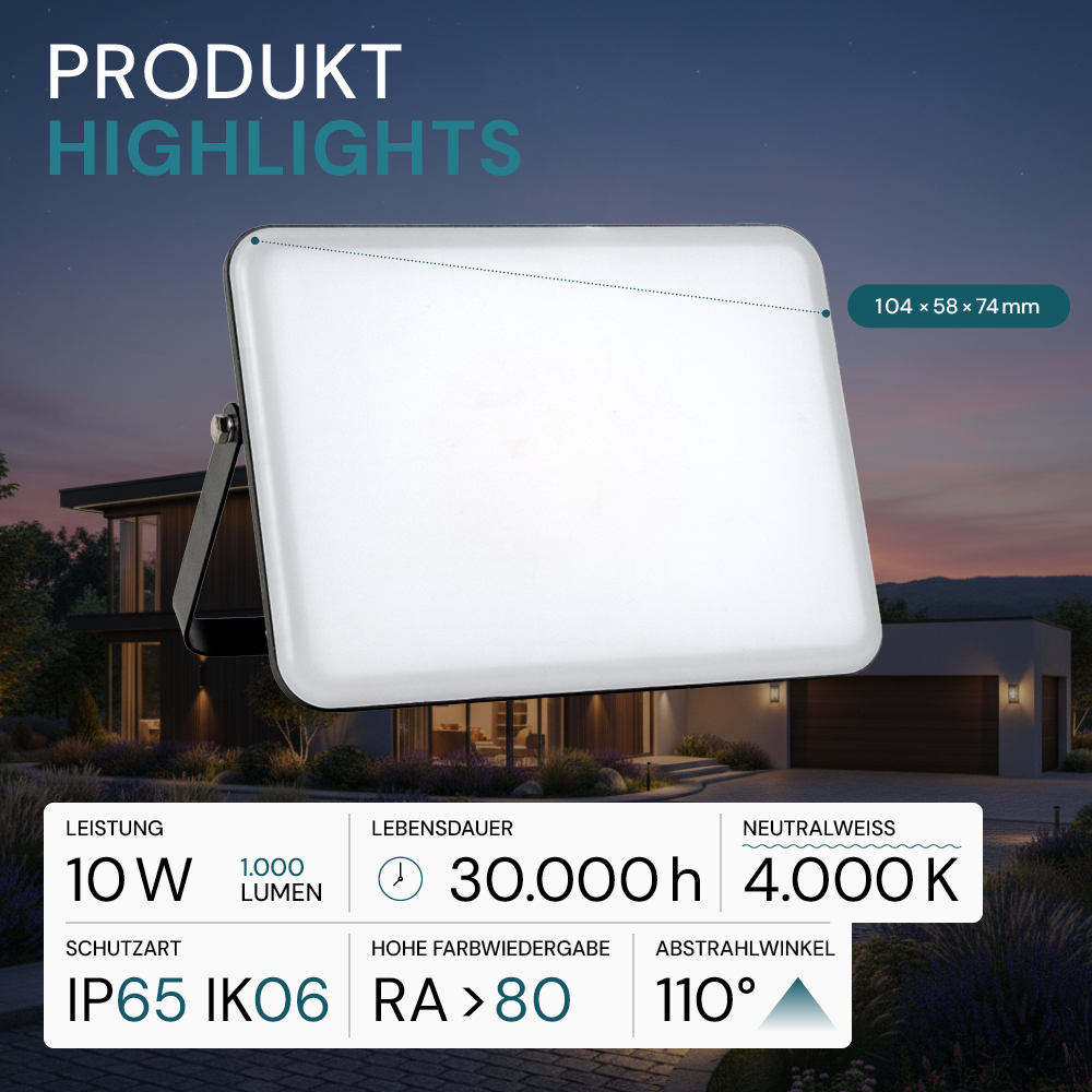 LED-Fluter mit Schnellverbinder, rahmenloses Design, 10 W, 4000 K (neutralweiß), 1000 lm, IP65