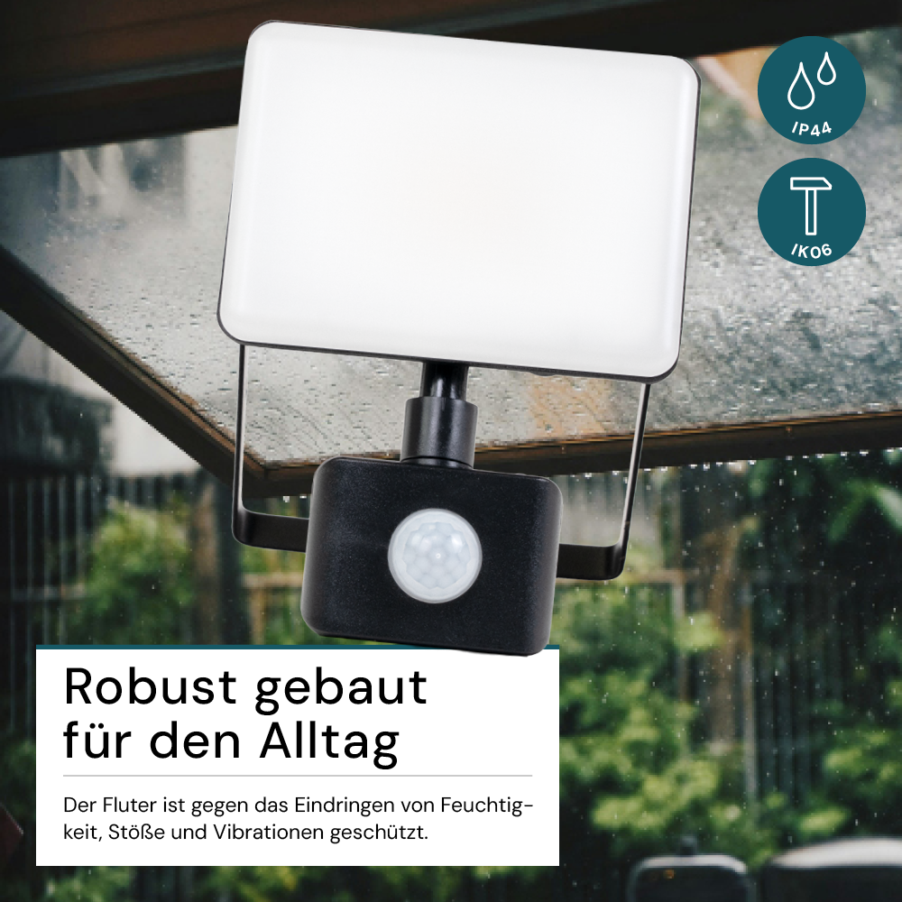 LED-Fluter mit Schnellverbinder & Bewegungsmelder, rahmenloses Design, 30 W, 4000 K (neutralweiß), 3000 lm, IP44