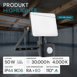 LED-Fluter mit Schnellverbinder & Bewegungsmelder, rahmenloses Design, 50 W, 4000 K (neutralweiß), 5000 lm, IP44