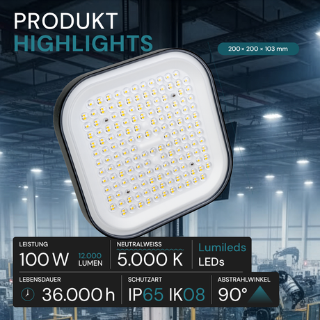 LED-HighBay, Hallenstrahler quadratisch, 100 W, 12000 lm, 5000 K (neutralweiß), IP65