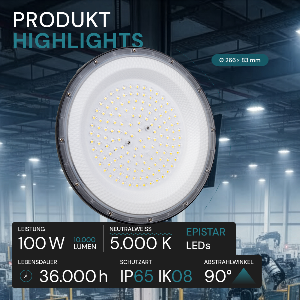 LED-HighBay, UFO, 100 W, 10000 lm, 5000 K (neutralweiß), IP65, EPISTAR