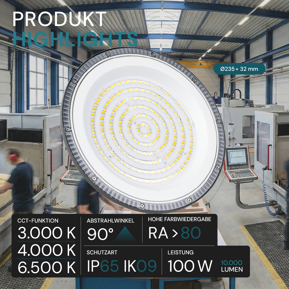 LED-HighBay, UFO, grau, 100 W, 10000 lm, CCT 3000-6500 K (warm-, neutral-, kaltweiß), IP65