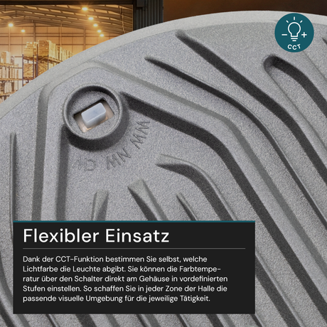 LED-HighBay, UFO, grau, 100 W, 10000 lm, CCT 3000-6500 K (warm-, neutral-, kaltweiß), IP65