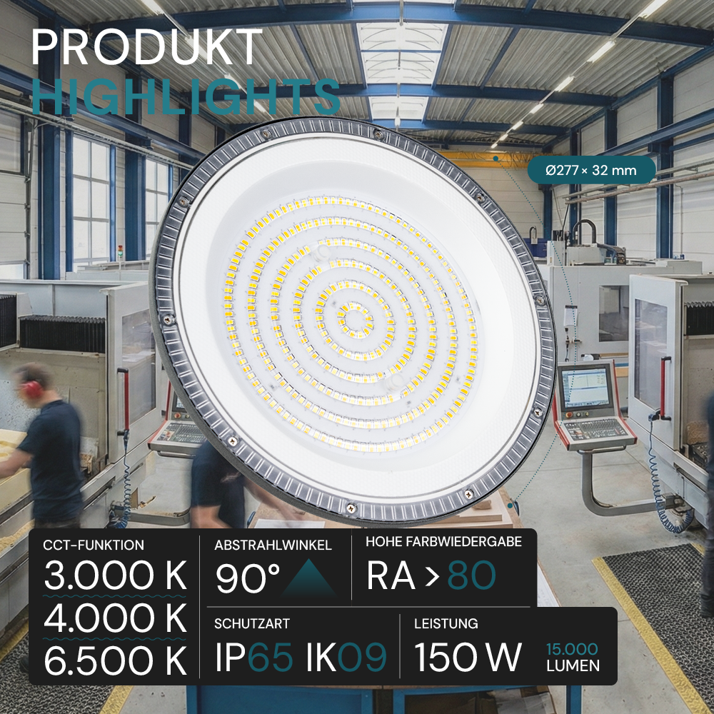 LED-HighBay, UFO, grau, 150 W, 15000 lm, CCT 3000-6500 K (warm-, neutral-, kaltweiß), IP65