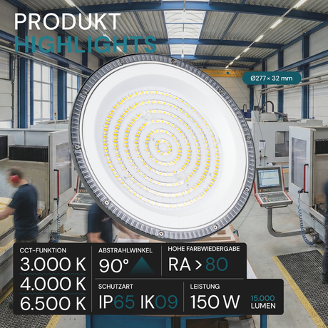 LED-HighBay, UFO, grau, 150 W, 15000 lm, CCT 3000-6500 K (warm-, neutral-, kaltweiß), IP65
