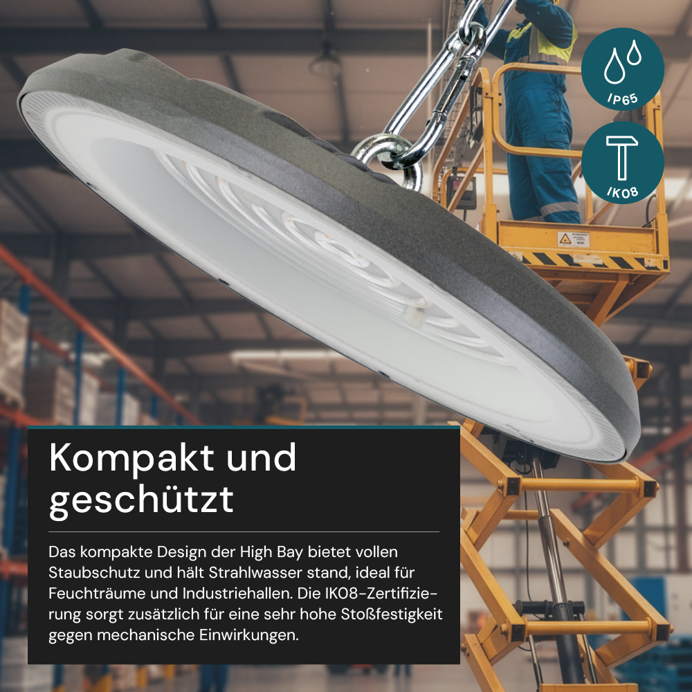 LED-HighBay, UFO, grau, 150 W, 15000 lm, CCT 3000-6500 K (warm-, neutral-, kaltweiß), IP65