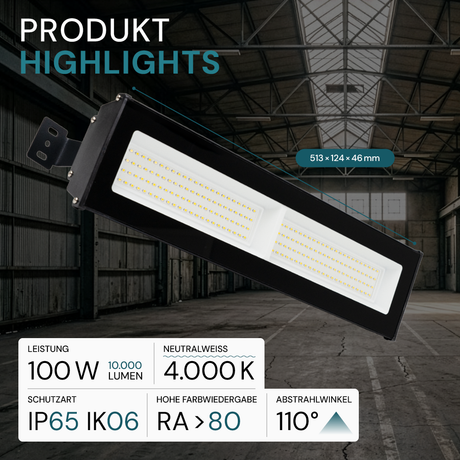 2er Pack LED-Hallenleuchte, linear, 100 W, 10000 lm, 4000 K (neutralweiß), IP65, schwarz
