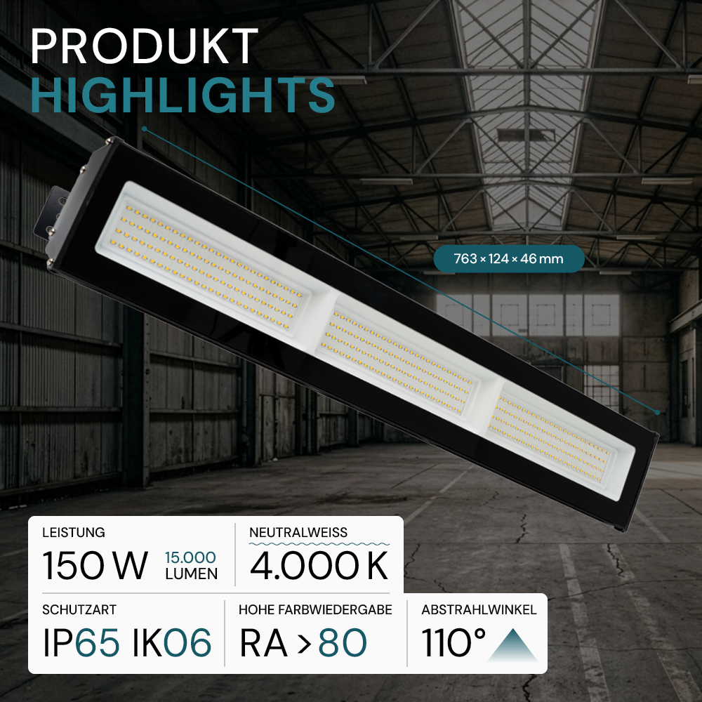 2er Pack LED-Hallenleuchte, linear, 150 W, 15000 lm, 4000 K (neutralweiß), IP65, schwarz