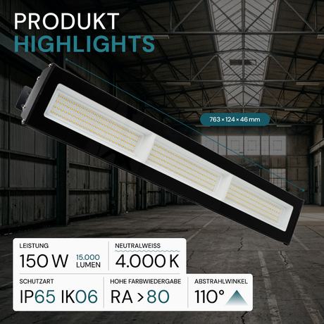 4er Pack LED-Hallenleuchte, linear, 150 W, 15000 lm, 4000 K (neutralweiß), IP65, schwarz