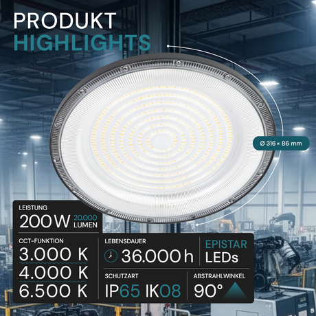 10er Pack LED-HighBay, UFO, 200 W, 20000 lm, CCT 3000-6500 K (warm-, neutral-, kaltweiß), IP65, EPISTAR