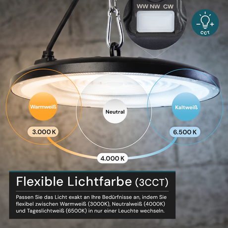 2er Pack LED-HighBay, UFO, 200 W, 20000 lm, CCT 3000-6500 K (warm-, neutral-, kaltweiß), IP65, EPISTAR