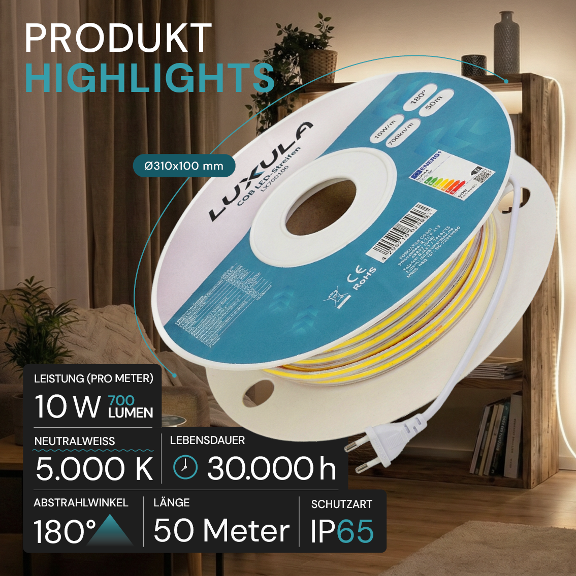 COB LED-Streifen, 50 m, 5000 K neutralweißes Licht, IP65-wassergeschützt, 288 LED/m, 220 V AC, EU-Stecker, 10 W/m, kürzbar und erweiterbar, Außen/Innen