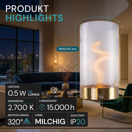 LED Tischleuchte, dimmbar, 0,5 W, 110×110×175, 30 lm