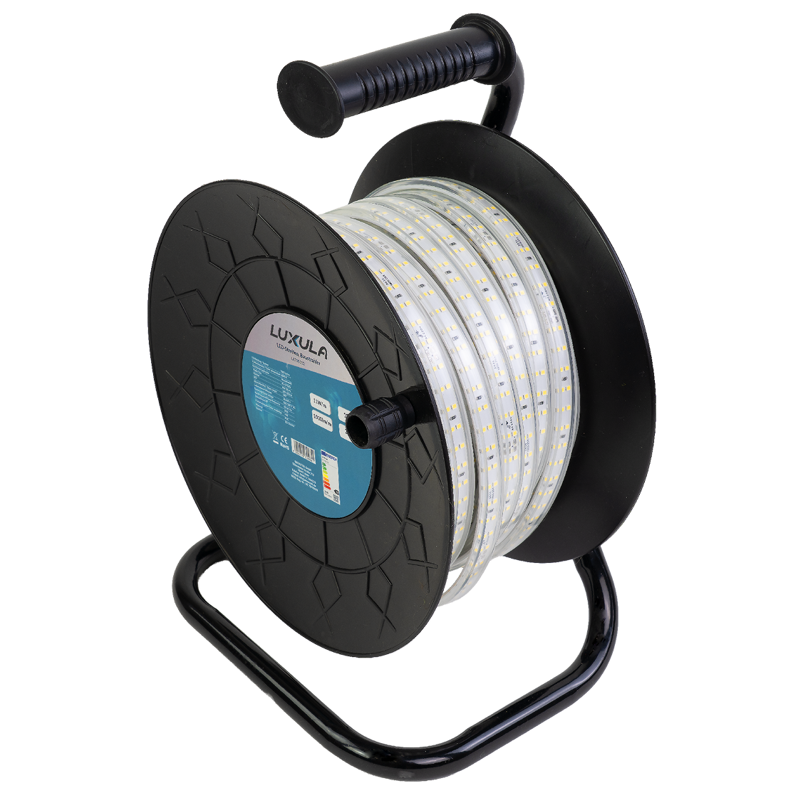 LED-Streifen, Baustrahler, 15 m, 5000 K (neutralweiß), IP65-wassergeschützt, 1000 lm/m, 180 LED/m, 220 V AC, EU-Stecker, Lichtbandtrommel, kürzbar und erweiterbar, Außen/Innen