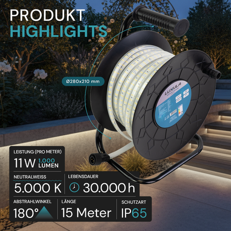 LED-Streifen, Baustrahler, 15 m, 5000 K (neutralweiß), IP65-wassergeschützt, 1000 lm/m, 180 LED/m, 220 V AC, EU-Stecker, Lichtbandtrommel, kürzbar und erweiterbar, Außen/Innen