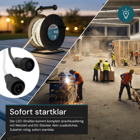 LED-Streifen, Baustrahler, 15 m, 5000 K (neutralweiß), IP65-wassergeschützt, 1000 lm/m, 180 LED/m, 220 V AC, EU-Stecker, Lichtbandtrommel, kürzbar und erweiterbar, Außen/Innen