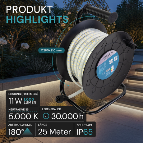 LED-Streifen, Baustrahler, 25 m, 5000 K (neutralweiß), IP65-wassergeschützt, 1000 lm/m, 180 LED/m, 220 V AC, EU-Stecker, Lichtbandtrommel, kürzbar und erweiterbar, Außen/Innen