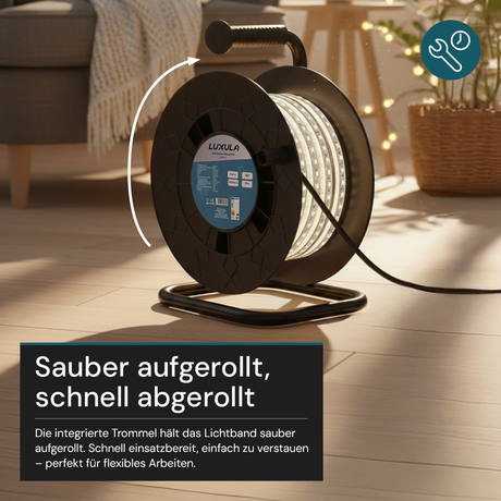LED-Streifen, Baustrahler, 50 m, 5000 K (neutralweiß), IP65-wassergeschützt, 1000 lm/m, 180 LED/m, 220 V AC, EU-Stecker, Lichtbandtrommel, kürzbar und erweiterbar, Außen/Innen.