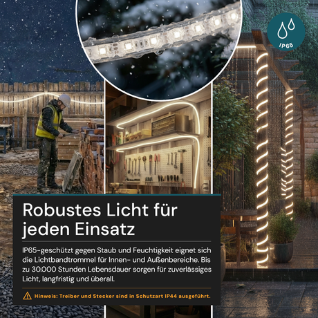 LED-Streifen, Baustrahler, 50 m, 5000 K (neutralweiß), IP65-wassergeschützt, 1000 lm/m, 180 LED/m, 220 V AC, EU-Stecker, Lichtbandtrommel, kürzbar und erweiterbar, Außen/Innen.