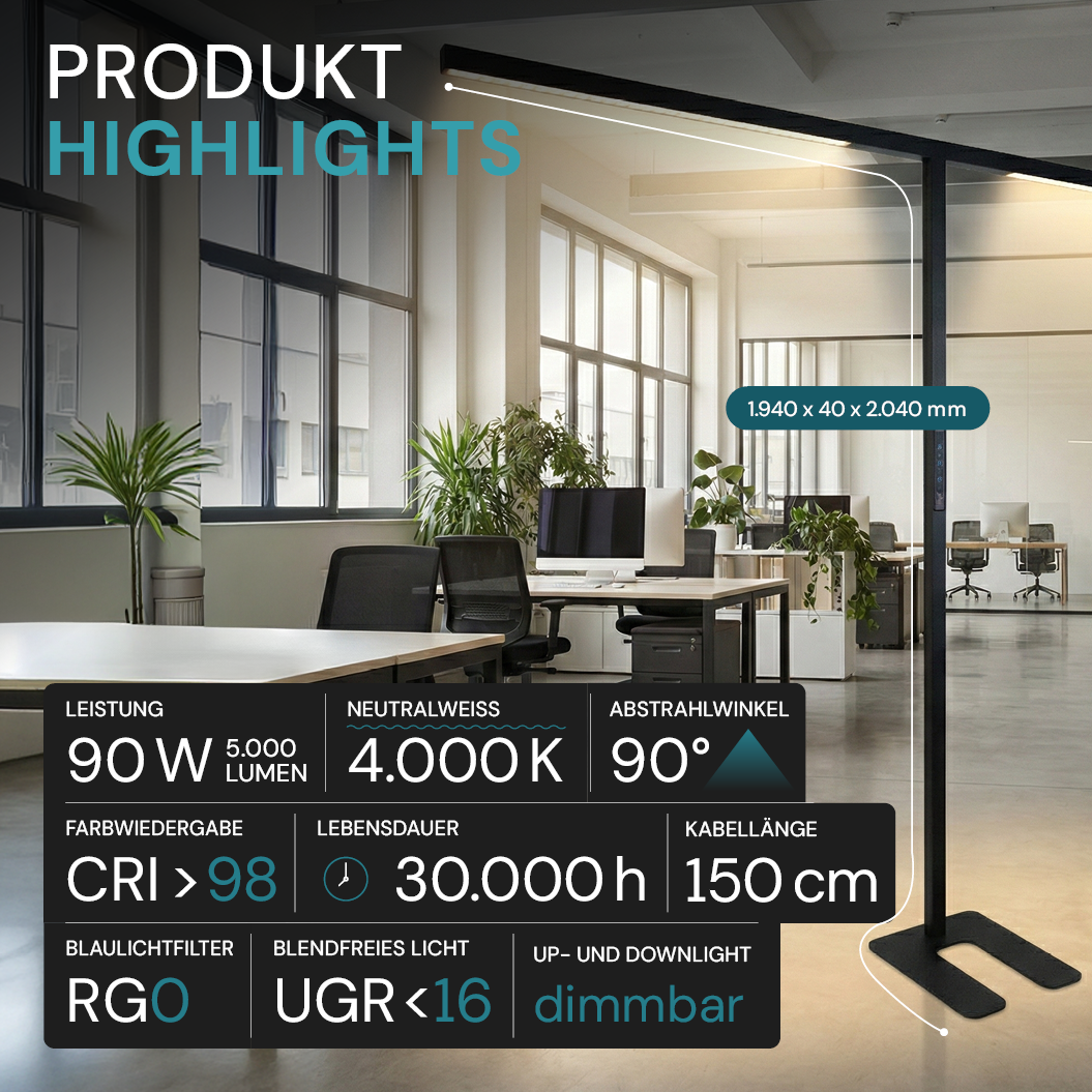 LED-Büro-Stehleuchte, Up/Down, UGR<16, CRI98, dimmbar, 90 W, 1940 x 40 x 2040 mm, 5000 lm, schwarz