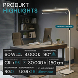 LED-Büro-Stehleuchte, Up/Down, UGR<16, CRI98, dimmbar, 60 W, 1887 x 840 x 370 mm, 3500 lm, weiß