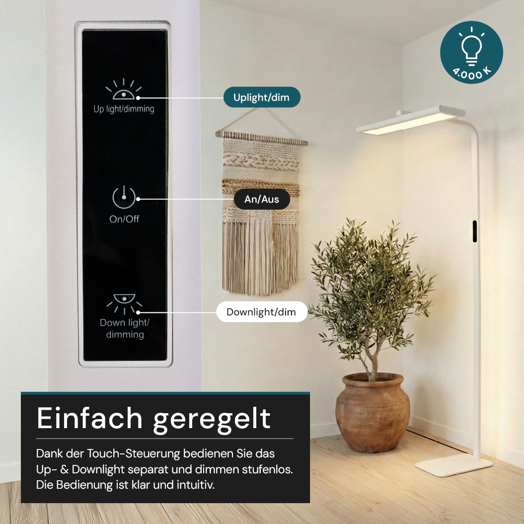 LED-Büro-Stehleuchte, Up/Down, UGR<16, CRI98, dimmbar, 60 W, 1887 x 840 x 370 mm, 3500 lm, weiß