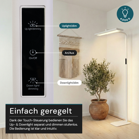 LED-Büro-Stehleuchte, Up/Down, UGR<16, CRI98, dimmbar, 60 W, 1887 x 840 x 370 mm, 3500 lm, weiß