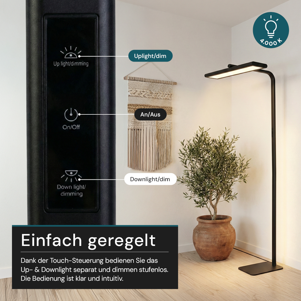 LED-Büro-Stehleuchte, Up/Down, UGR<16, CRI98, dimmbar, 60 W, 1700 x 840 x 250 mm, 3500 lm, schwarz