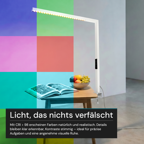 LED Büro-Klemmleuchtel Up/Down, UGR<16, CRI98, dimmbar, 45 W, 1200 x 40 x 1050 mm, 3500 lm, weiß.
