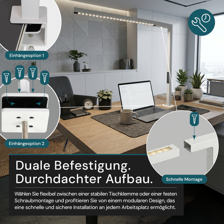 LED Büro-Klemmleuchtel Up/Down, UGR<16, CRI98, dimmbar, 45 W, 1200 x 40 x 1050 mm, 3500 lm, weiß.