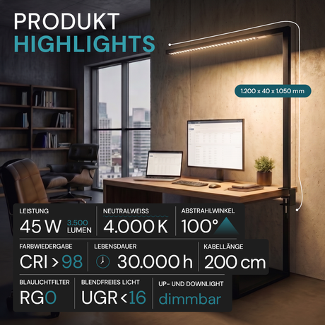 LED Büro-Klemmleuchtel Up/Down, UGR<16, CRI98, dimmbar, 45 W, 1200 x 40 x 1050 mm, 3500 lm, schwarz.