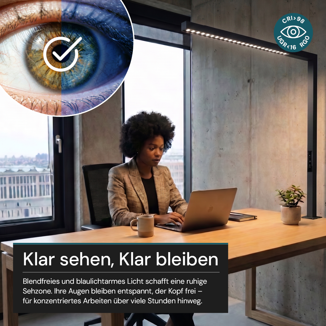 LED Büro-Klemmleuchtel Up/Down, UGR<16, CRI98, dimmbar, 45 W, 1200 x 40 x 1050 mm, 3500 lm, schwarz.