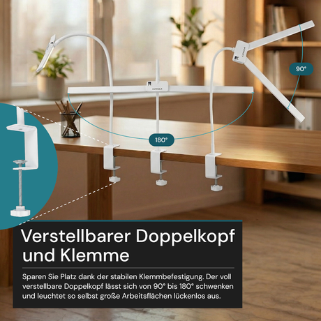 LED-Schreibtischlampe, Doppelkopf, in Weiß, dimmbar, 5 Farbtemperaturstufen, 18 W, 1100 lm, klemm- und voll verstellbare Monitor-/Tischlampe mit kotaktlosem Ein-/Ausschaltssensor