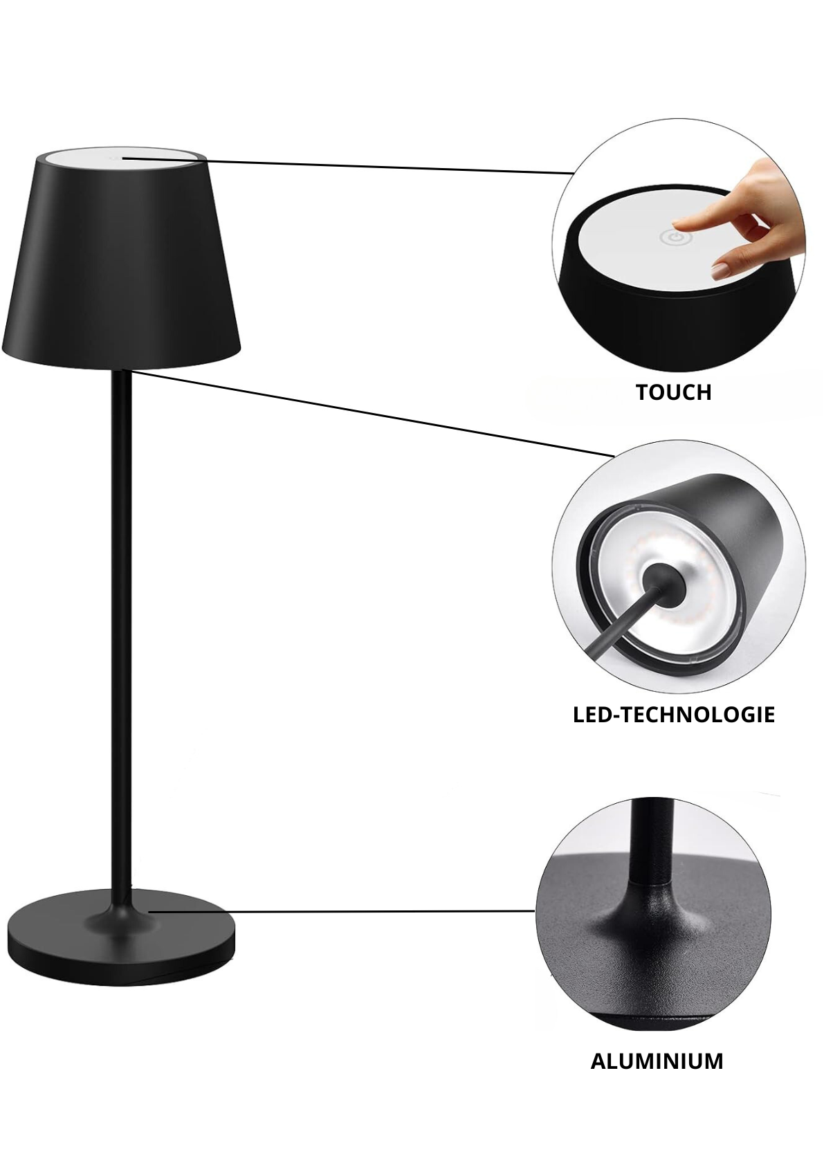 6er Set LED-Tischleuchte mit Akku, Dimm- & CCT-Funktion, wiederaufladbar, IP44, USB-C, schwarz.
