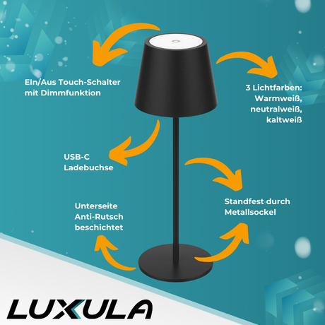 4er Set LED-Tischleuchte mit Akku, Dimm- & CCT-Funktion, wiederaufladbar, IP44, USB-C, schwarz.