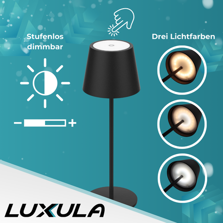 6er Set LED-Tischleuchte mit Akku, Dimm- & CCT-Funktion, wiederaufladbar, IP44, USB-C, schwarz.