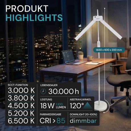 LED-Stehlampe- und Schreibtischlampe, Doppelkopf, in Weiß, dimmbar, 5 Farbtemperaturstufen, 18 W, 1100 lm, voll verstellbare Monitor-/Tischlampe mit kontaktlosem Ein-/Ausschalt-Sensor