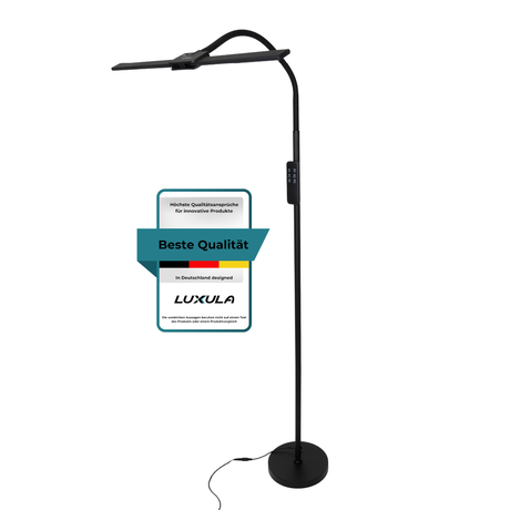 LED-Stehlampe- und Schreibtischlampe, Doppelkopf, in Schwarz, dimmbar, 5 Farbtemperaturstufen, 18 W, 1100 lm, voll verstellbare Monitor-/Tischlampe mit kontaktlosem Ein-/Ausschalt-Sensor.