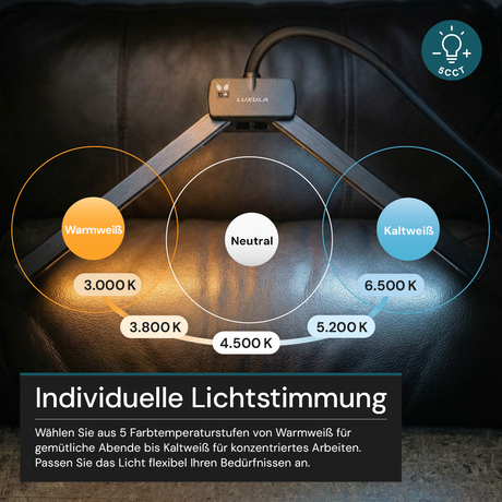 LED-Stehlampe- und Schreibtischlampe, Doppelkopf, in Schwarz, dimmbar, 5 Farbtemperaturstufen, 18 W, 1100 lm, voll verstellbare Monitor-/Tischlampe mit kontaktlosem Ein-/Ausschalt-Sensor.