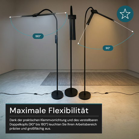 LED-Stehlampe- und Schreibtischlampe, Doppelkopf, in Schwarz, dimmbar, 5 Farbtemperaturstufen, 18 W, 1100 lm, voll verstellbare Monitor-/Tischlampe mit kontaktlosem Ein-/Ausschalt-Sensor.