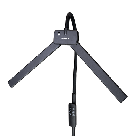 LED-Stehlampe- und Schreibtischlampe, Doppelkopf, in Schwarz, dimmbar, 5 Farbtemperaturstufen, 18 W, 1100 lm, voll verstellbare Monitor-/Tischlampe mit kontaktlosem Ein-/Ausschalt-Sensor.